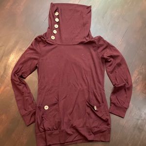 Burgundy Turtleneck with Button and Pocket Accents